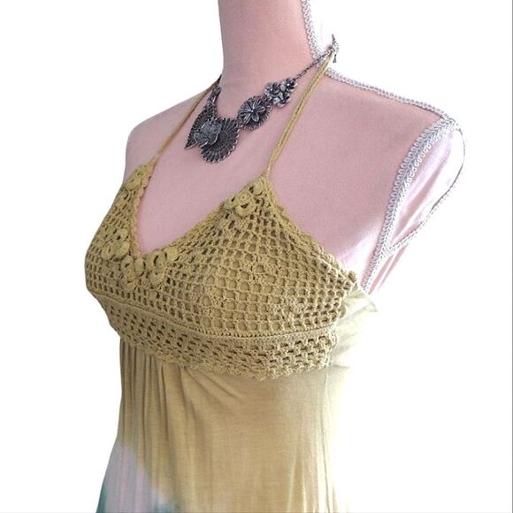 Y2K Yellow Green Tie Dye Viscose Embroidered Halter Maxi Dress Medium - Picture 8 of 16